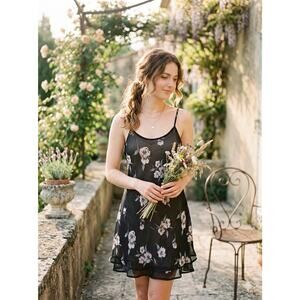 Cacique Paris Vintage Sheer Floral Chemise Nightgown Dress Black Mesh Sz M Fairy